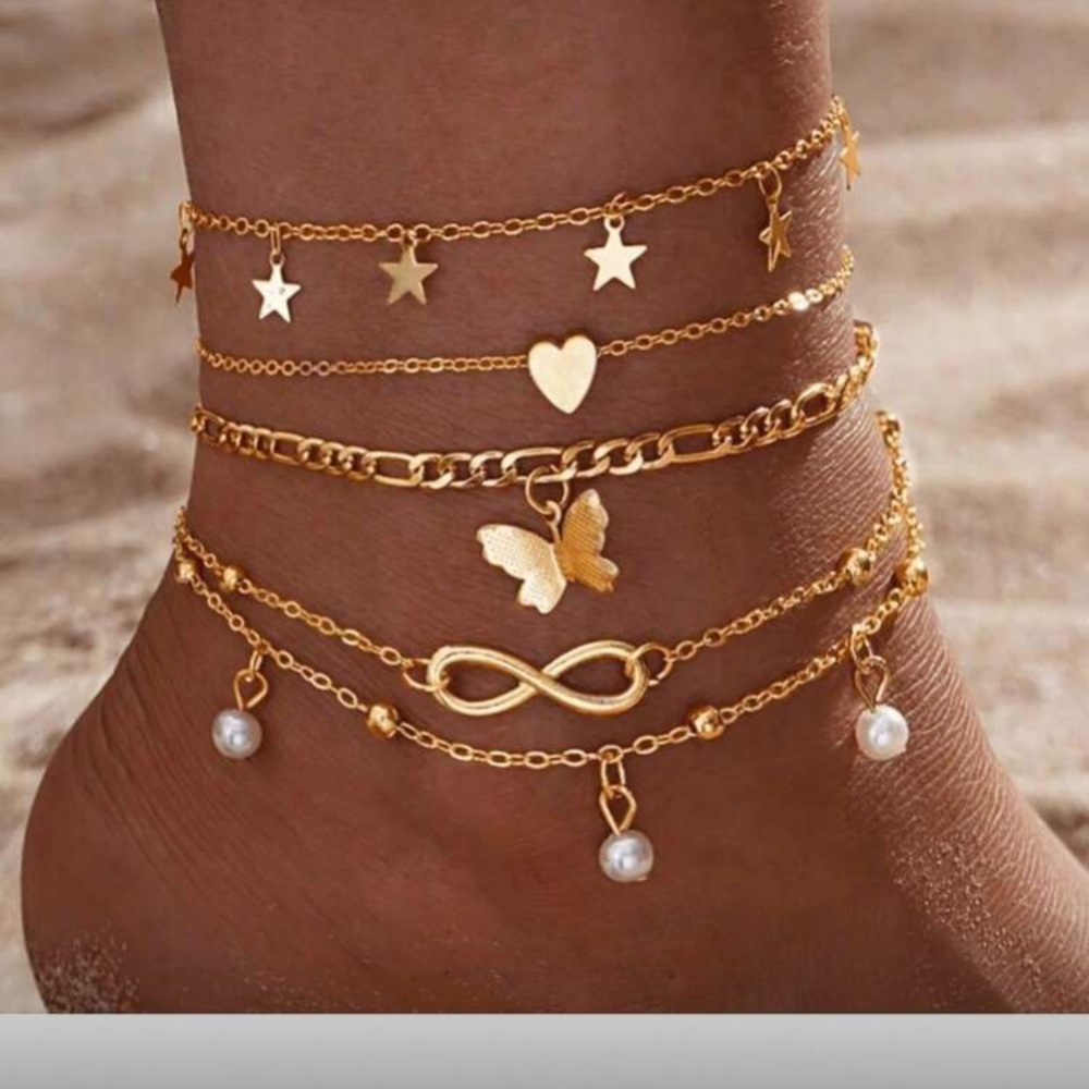 Gold Charm Anklet Set